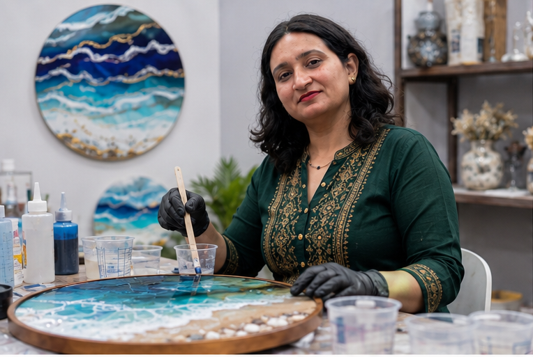 Priya Ahlawat with handcrafted resin art design